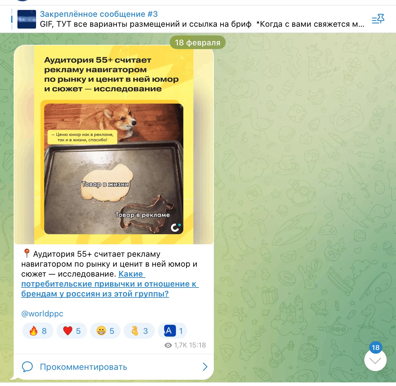 Пример контентного поста в Telegram про аудиторию 55+ и реакцию на рекламу