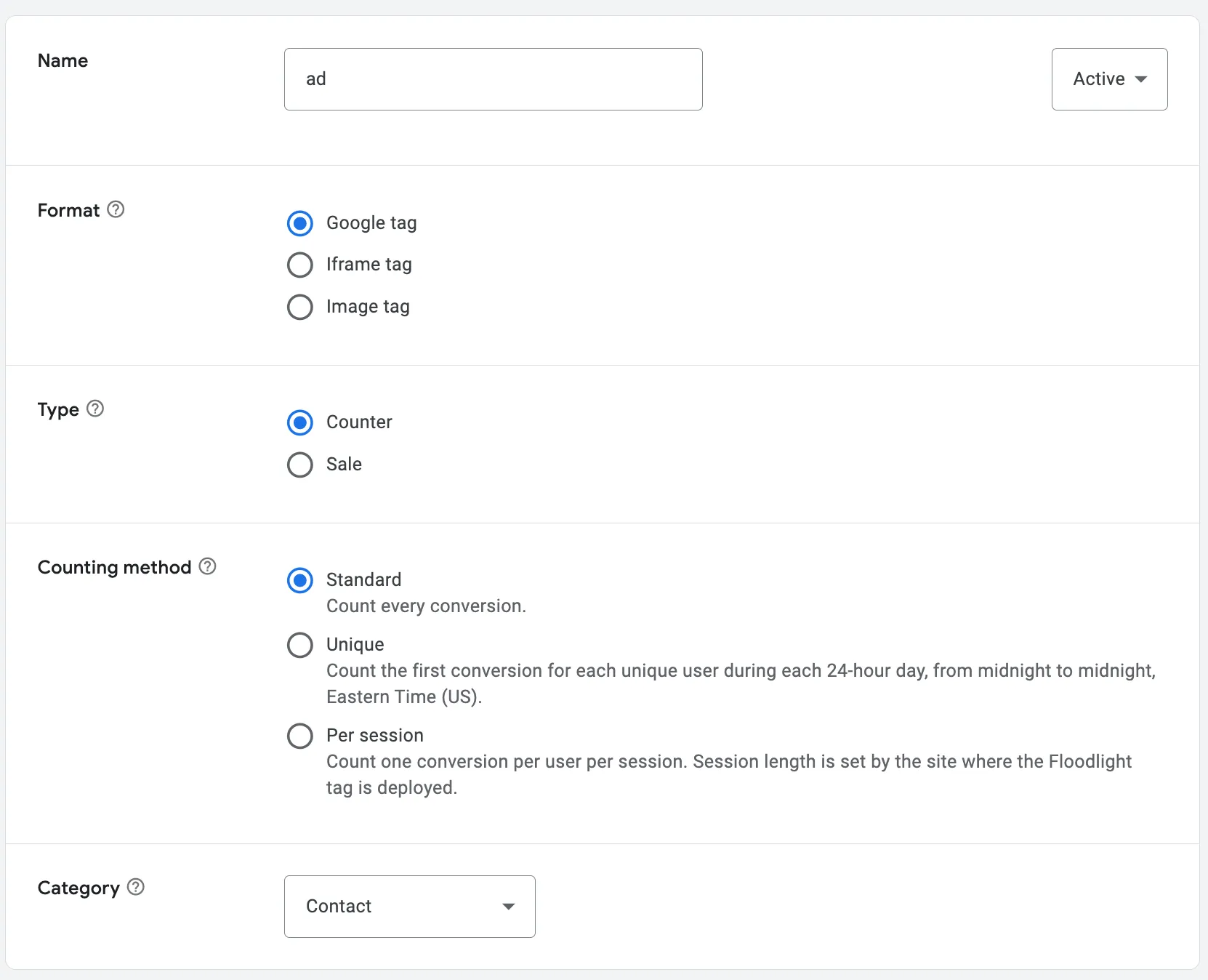 Создание Floodlight Activity в CM360: имя ad, Format Google tag, Type Counter, Counting method Standard, Category Contact