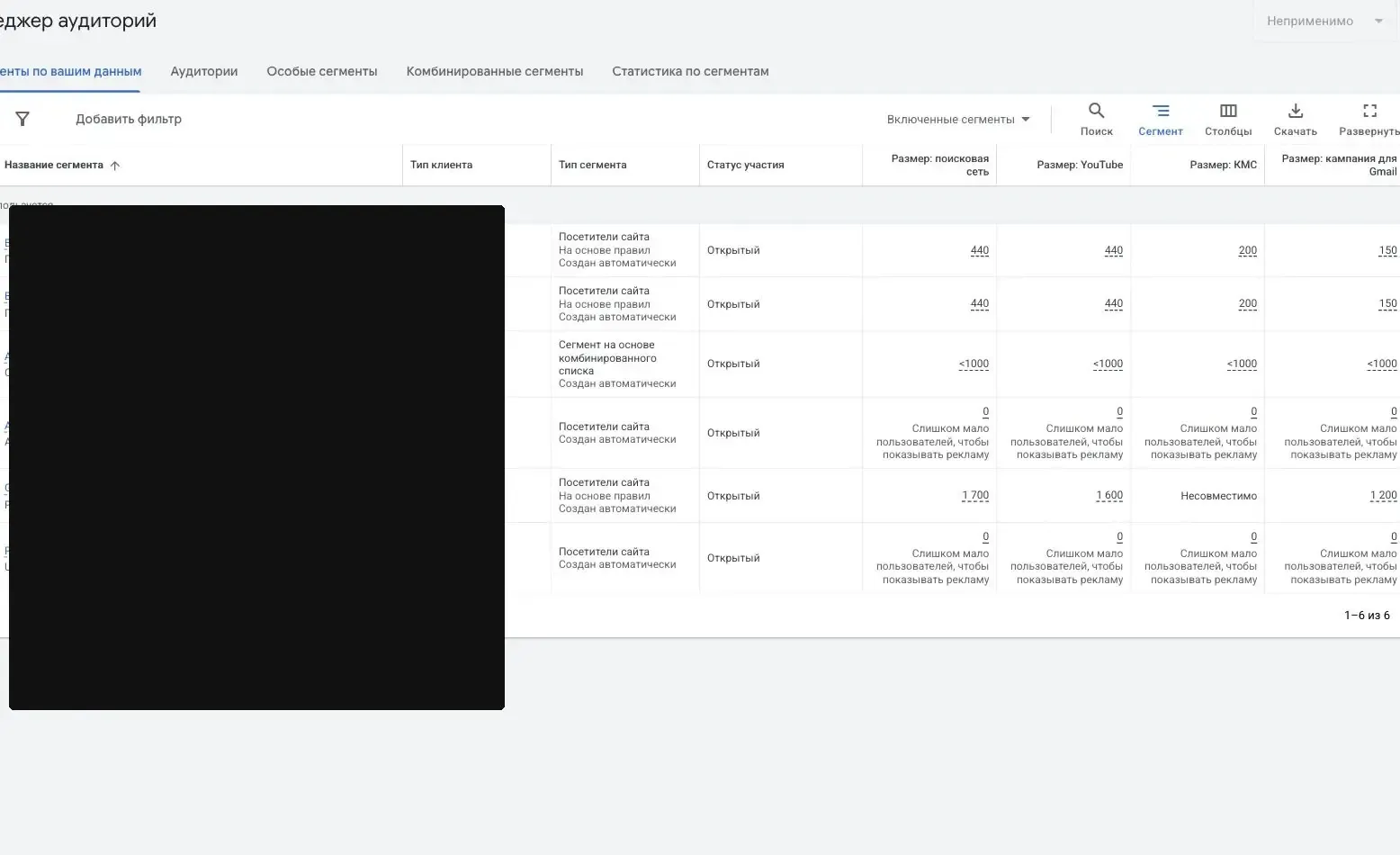 Раздел аудиторий в менеджере данных Google Ads со списком сегментов
