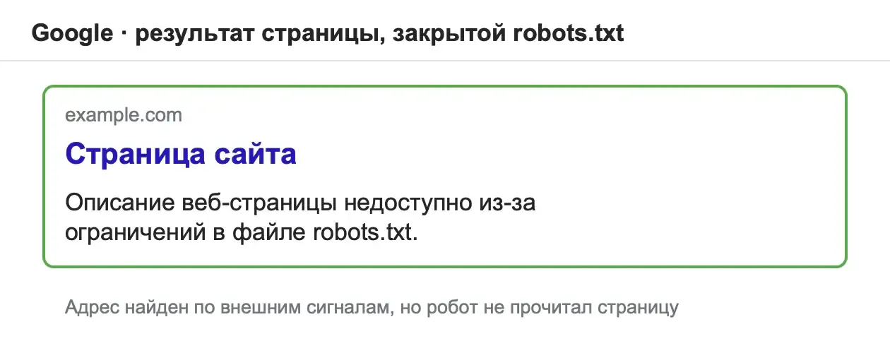 Пример результата Google для страницы, закрытой в robots.txt