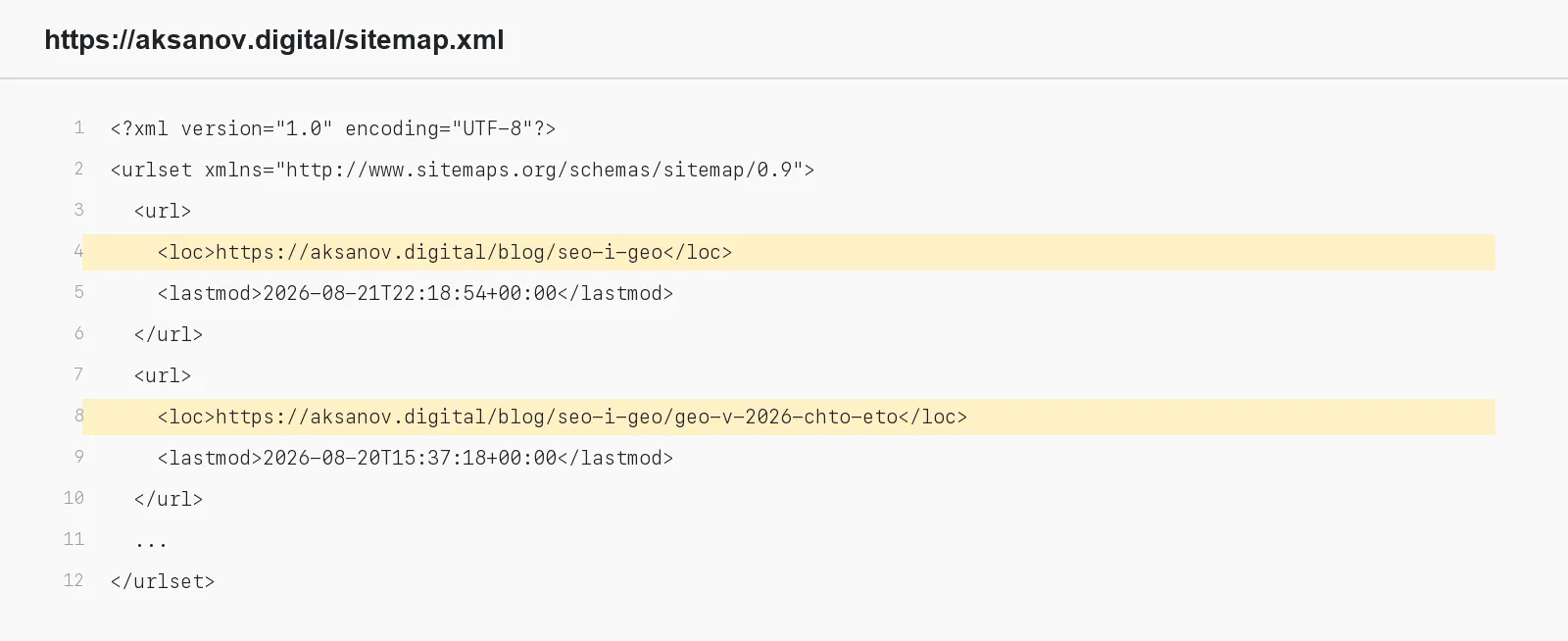 Файл sitemap.xml сайта aksanov.digital, открытый в браузере: список адресов страниц и даты изменения