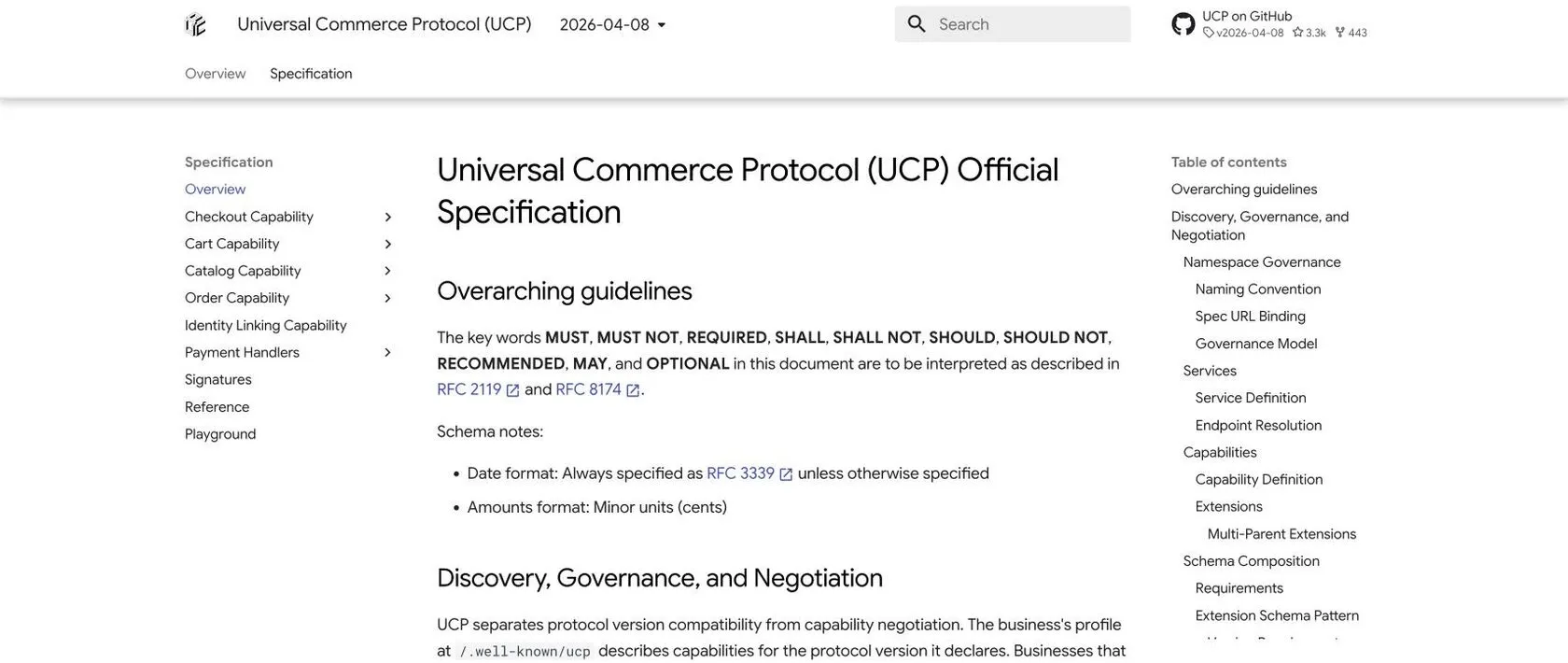 Страница спецификации Universal Commerce Protocol на ucp.dev с описанием манифеста