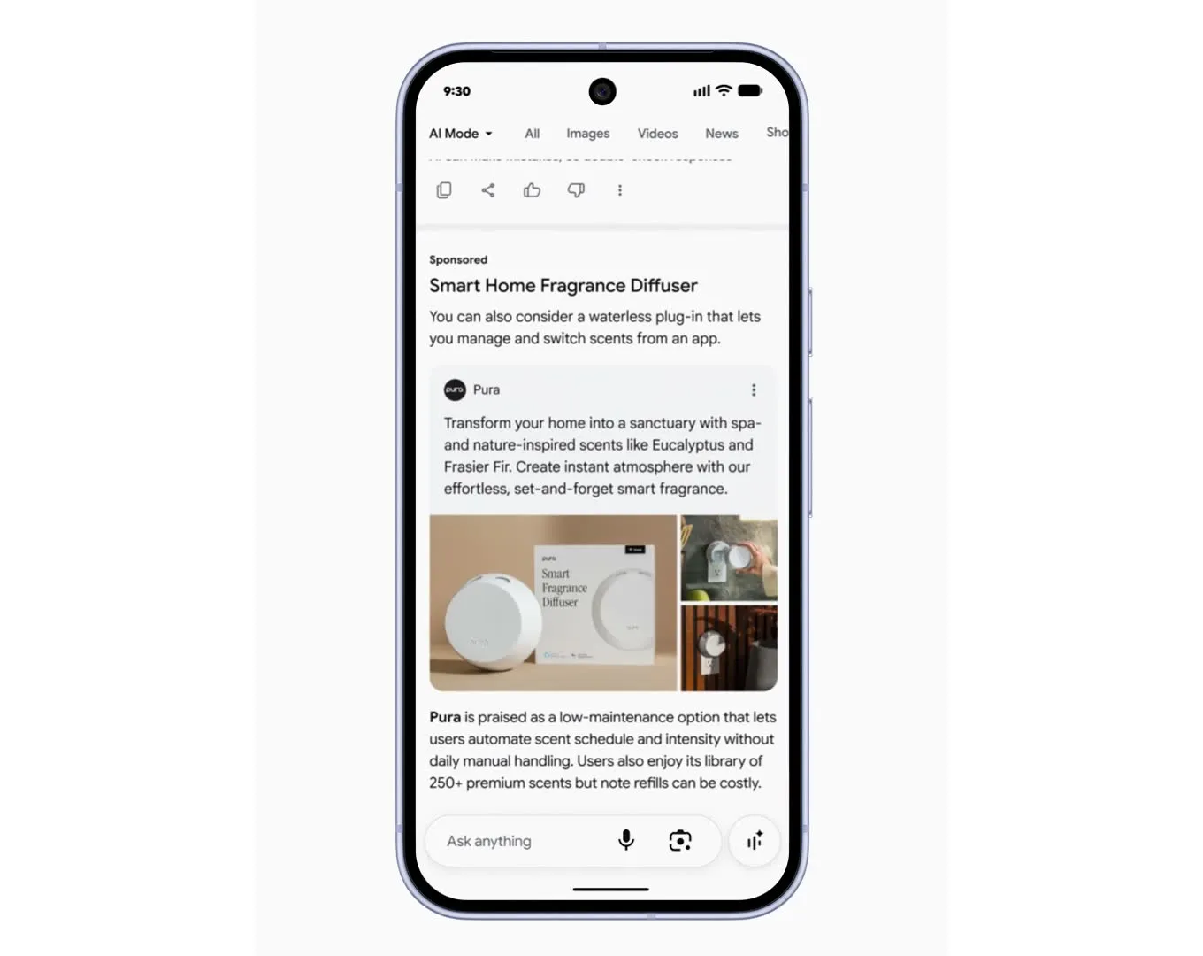 Экран AI Mode в Google с объявлением под сгенерированным ответом
