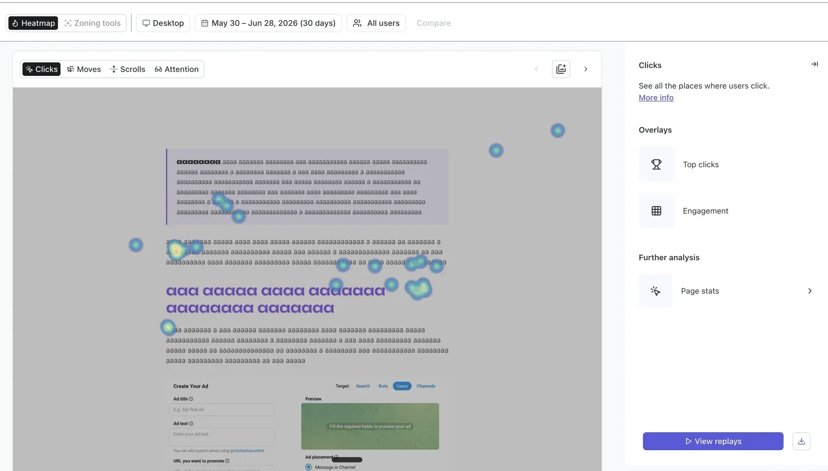 Тепловая карта кликов Contentsquare на сайте aksanov.digital