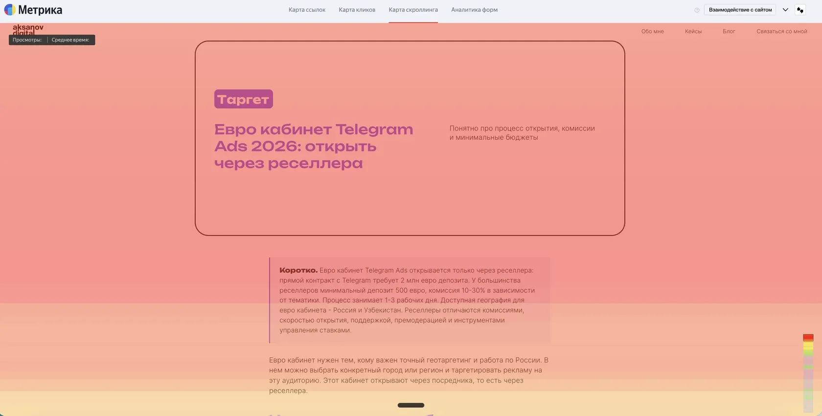 Карта скроллинга Яндекс Метрики с тепловой шкалой