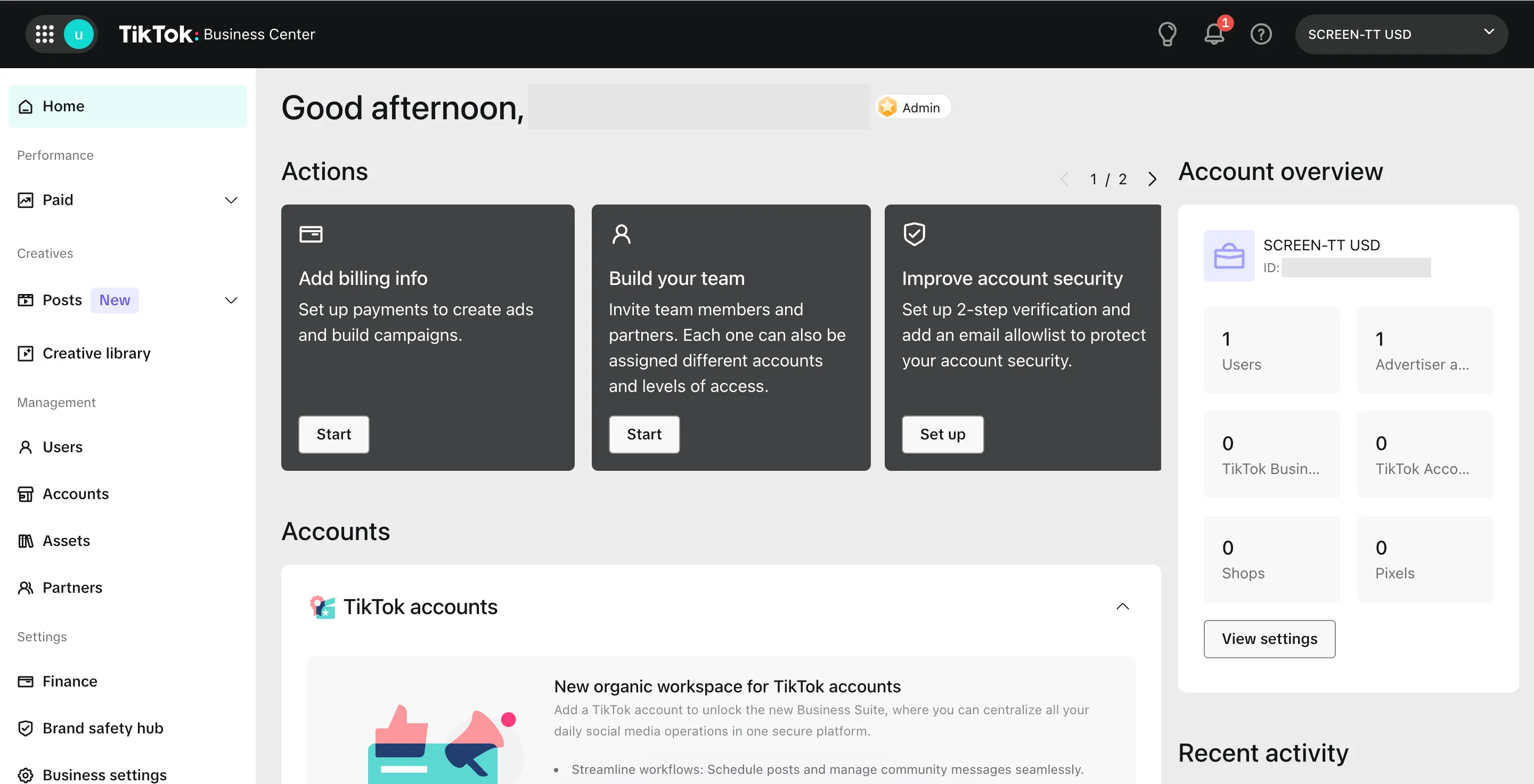 Главная страница TikTok Business Center с разделами Users, Accounts, Assets и Partners