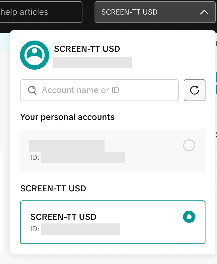 Переключатель рекламных кабинетов в шапке TikTok Ads Manager
