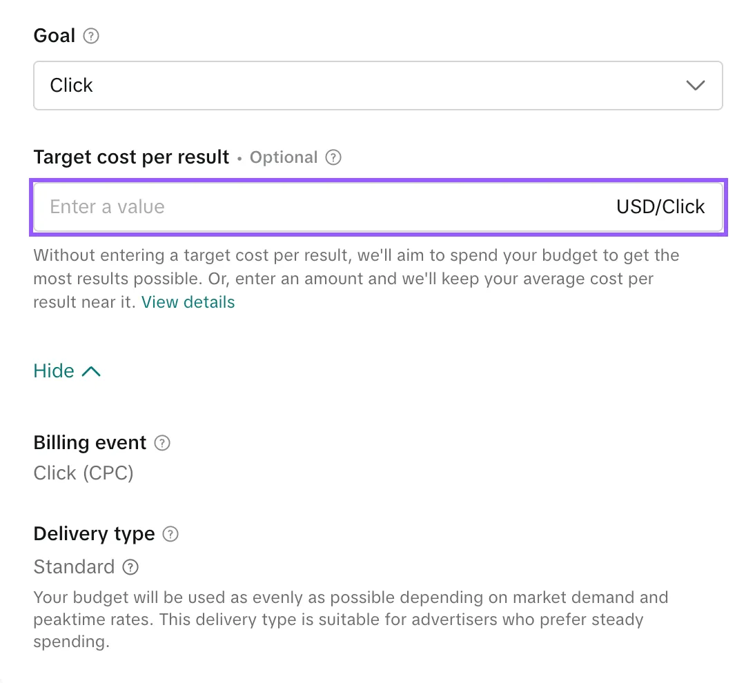 Поле Target cost per result и модель оплаты в группе объявлений TikTok Ads Manager