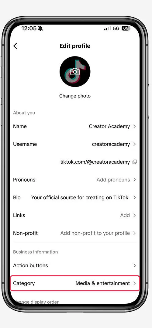Категория бизнеса в профиле TikTok