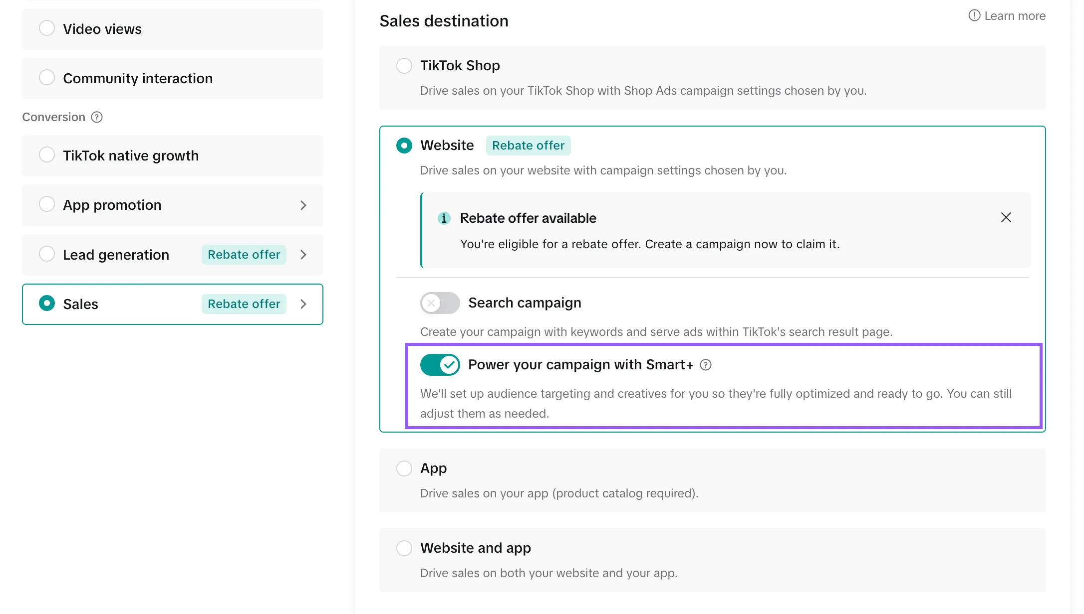 Переключатель Smart+ на экране цели в TikTok Ads Manager