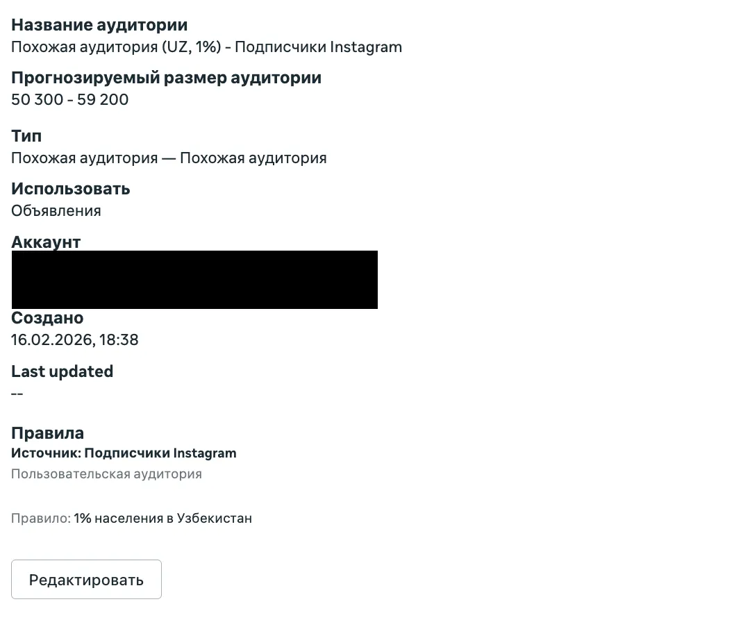 Сводка похожей аудитории в Meta Ads: прогнозируемый размер 50 300-59 200 человек, правило 1 процент в Узбекистане, источник - подписчики Instagram