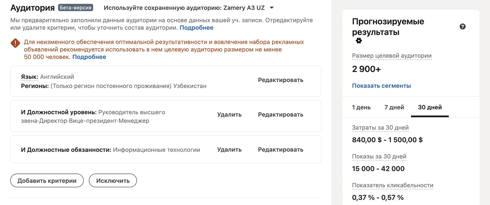 Таргетинг по функции и уровню должности в LinkedIn
