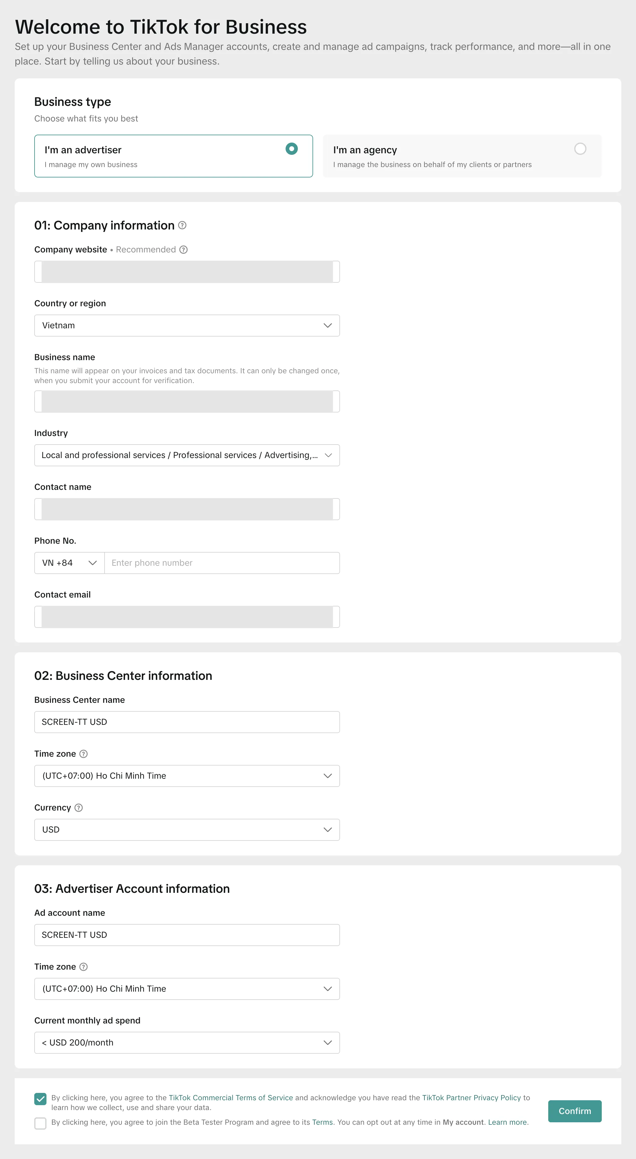 Форма создания TikTok Business Center