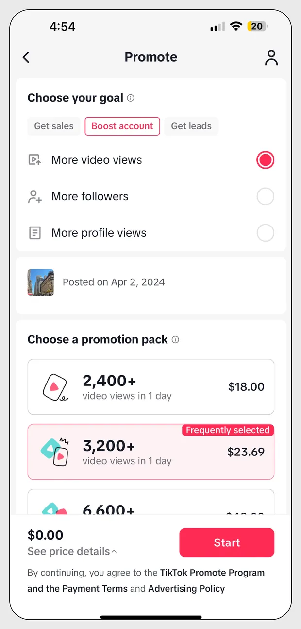 Экран Promote в приложении TikTok с выбором цели продвижения