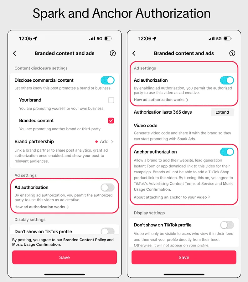 Разрешение на рекламу и код ролика в настройках TikTok