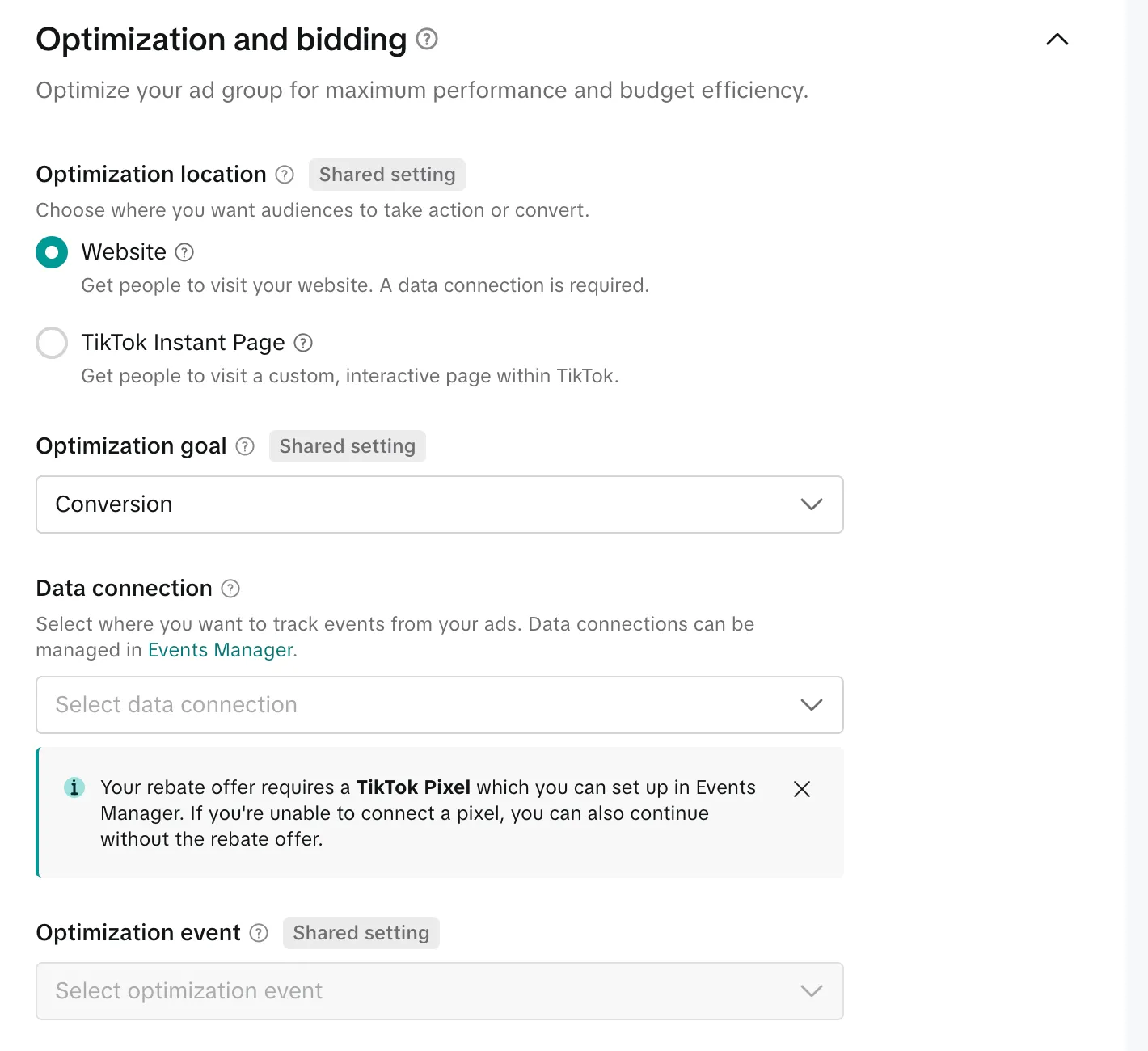 Настройки оптимизации группы объявлений Smart+ в TikTok Ads Manager
