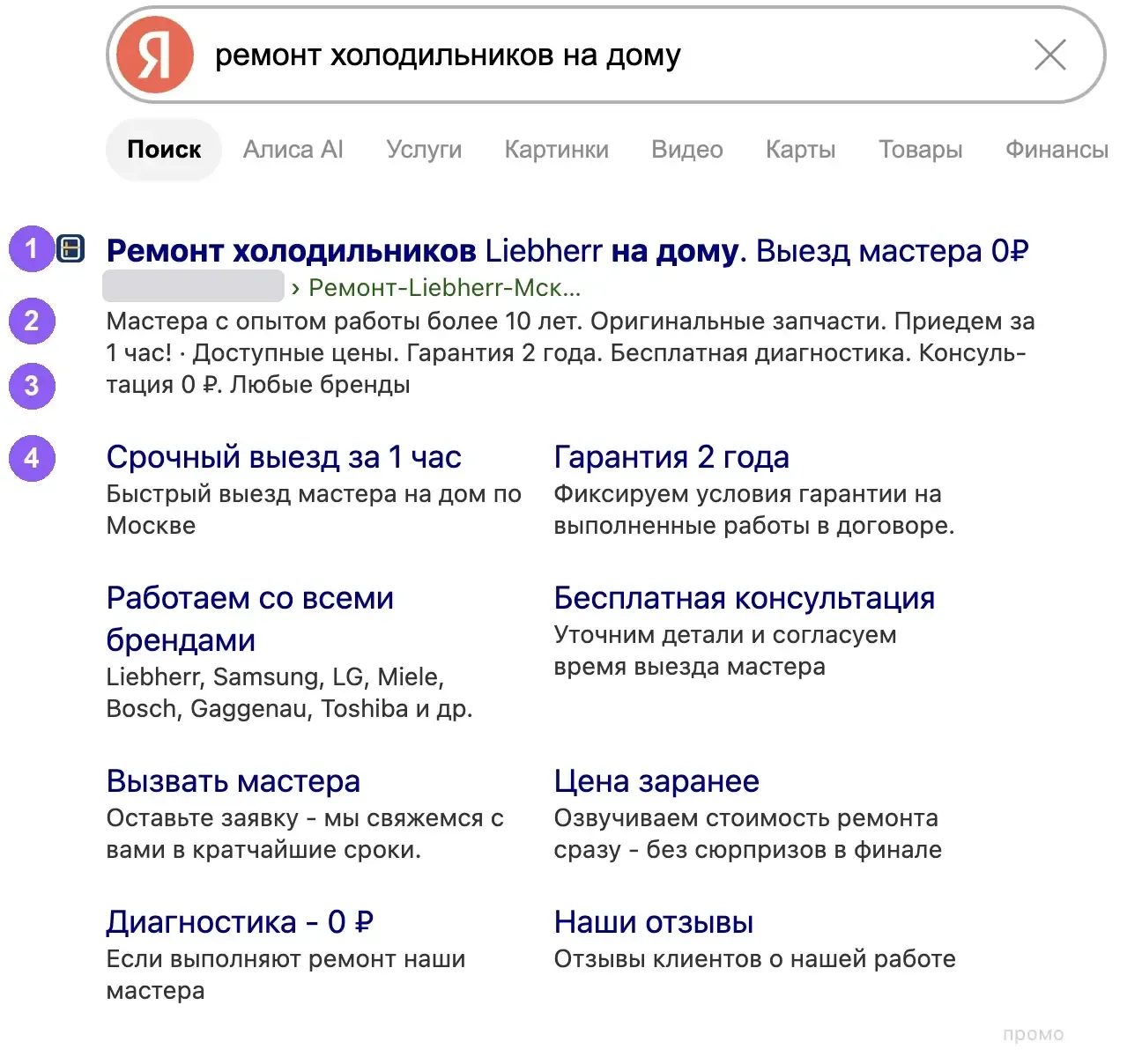 Объявление на поиске Яндекса с подписанными элементами: заголовок, текст, быстрые ссылки с описаниями, уточнения