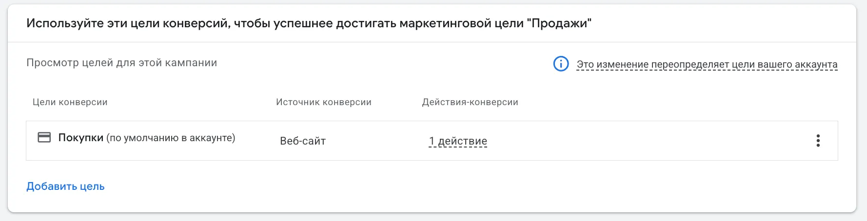 Список конверсий с главной целью «Покупки» в настройках Google Ads