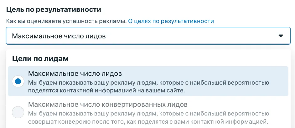 Цель по результативности с подзаголовком «Цели по лидам»: выбран «Максимальное число лидов» с описанием стратегии