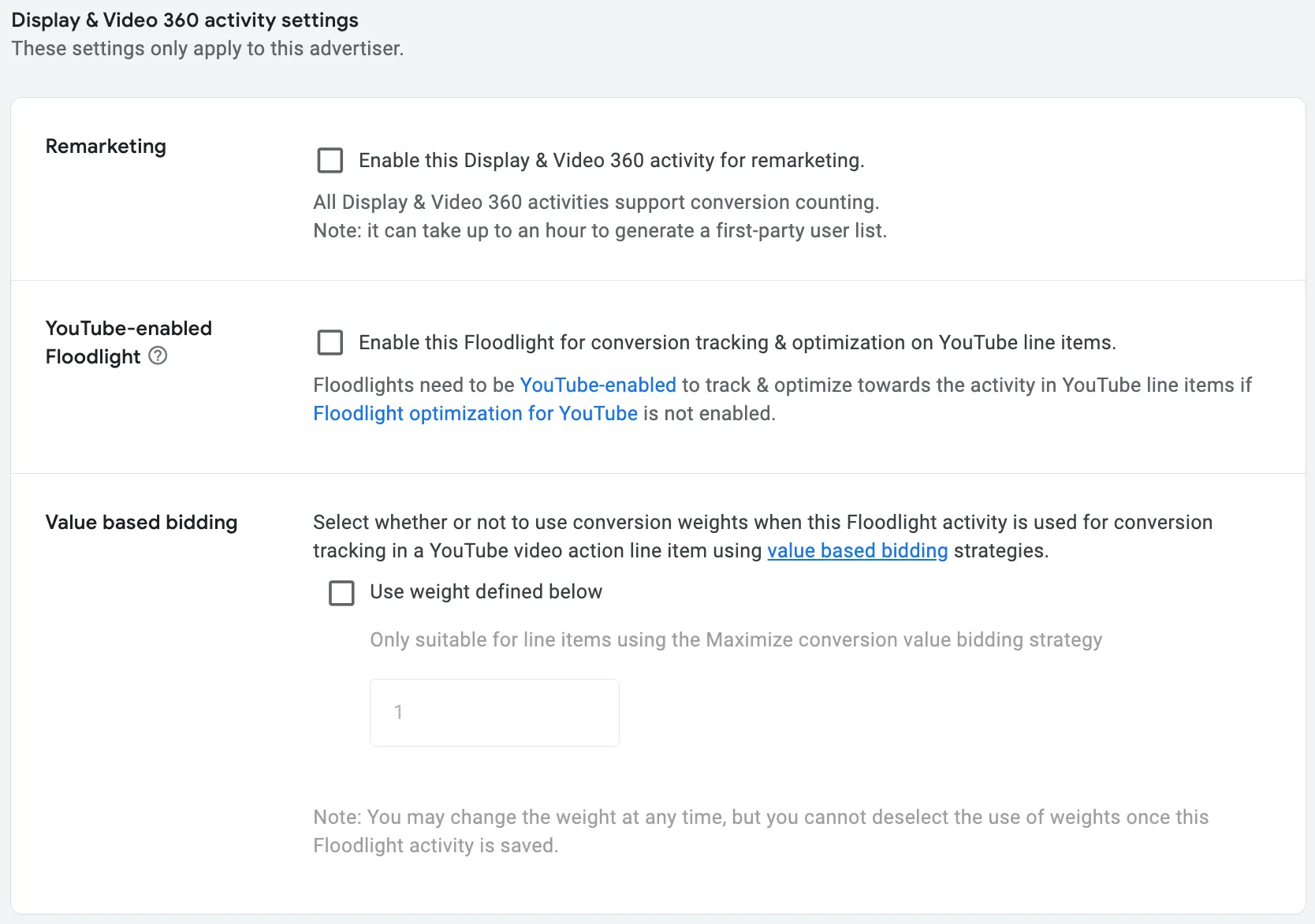 Display & Video 360 activity settings: чекбоксы Remarketing, YouTube-enabled Floodlight, Value based bidding с весами конверсий