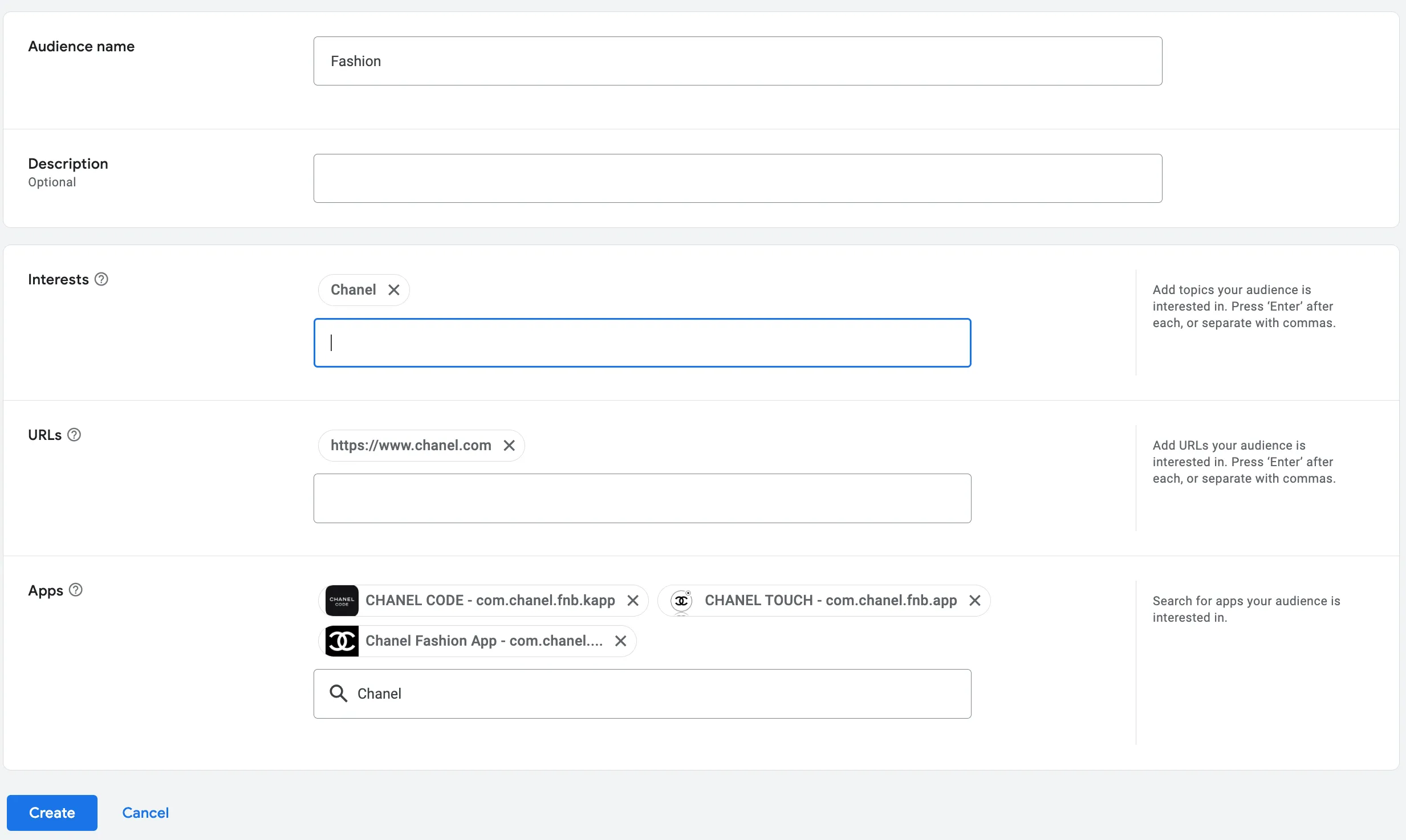 Создание Custom audience в DV360: имя Fashion, интерес Chanel, URL chanel.com, приложения Chanel
