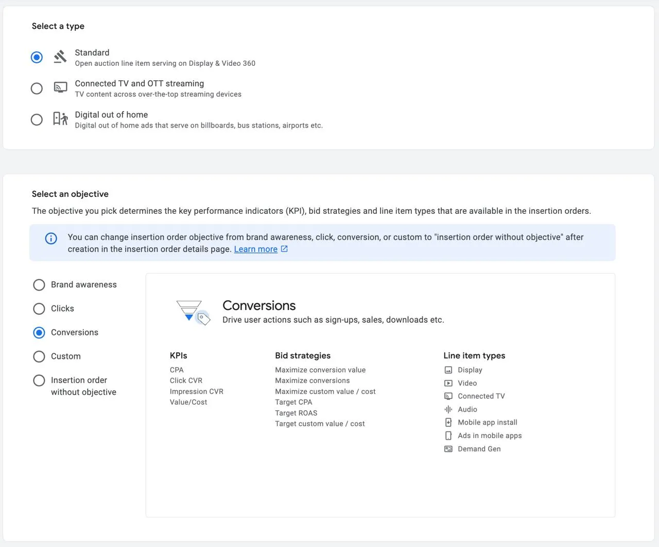 Создание Insertion Order в DV360 - выбор типа и цели