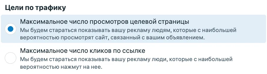 Раздел «Цели по трафику» в Meta Ads Manager: два варианта - «Максимальное число просмотров целевой страницы» и «Максимальное число кликов по ссылке»