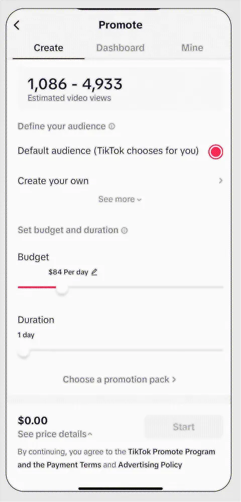 Бюджет и длительность продвижения в Promote TikTok