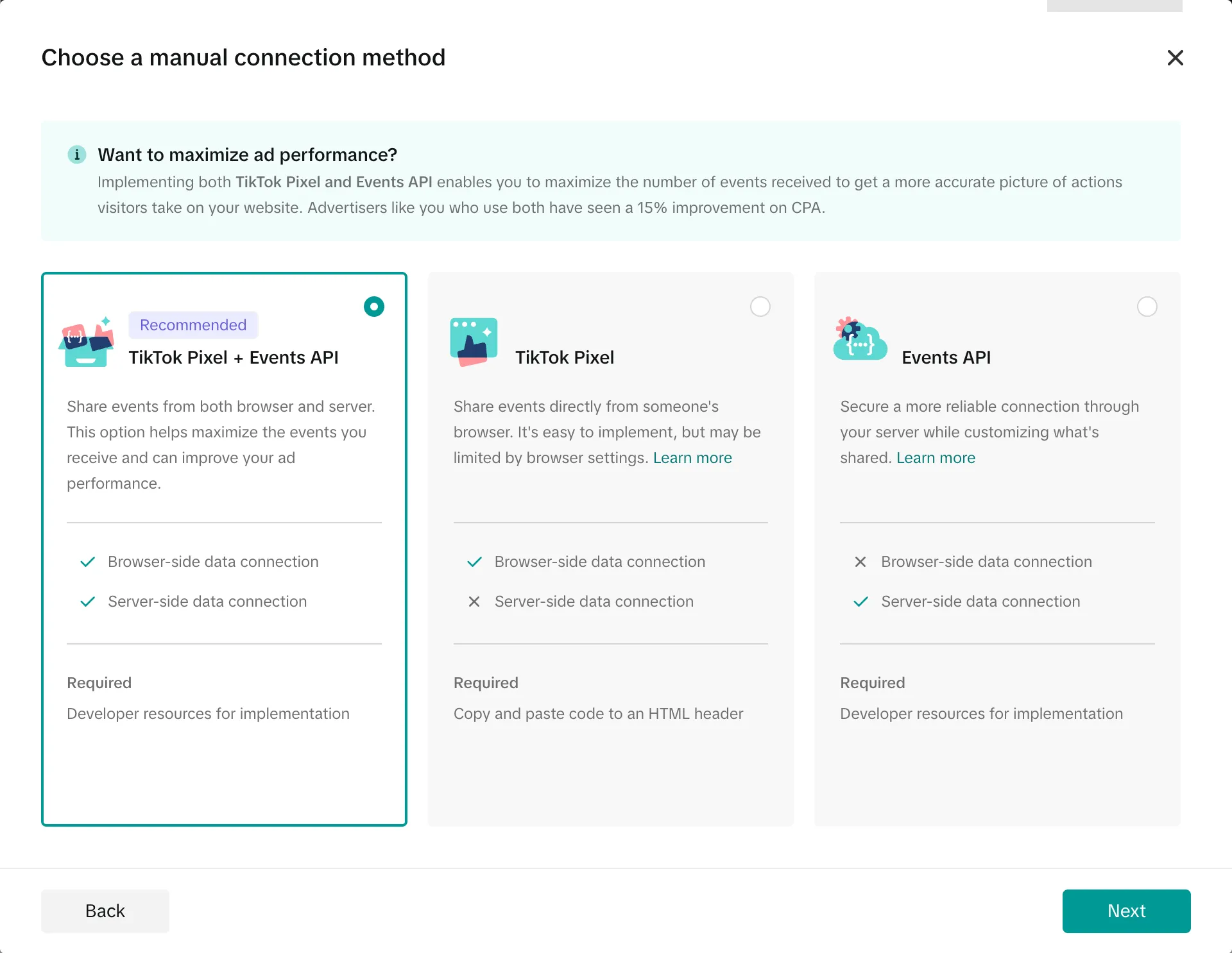 Выбор пикселя вместе с Events API в TikTok
