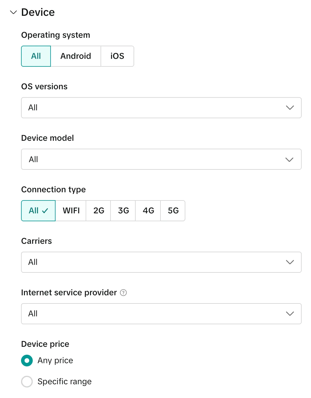 Блок Device: система, модель, подключение и цена устройства в TikTok Ads Manager