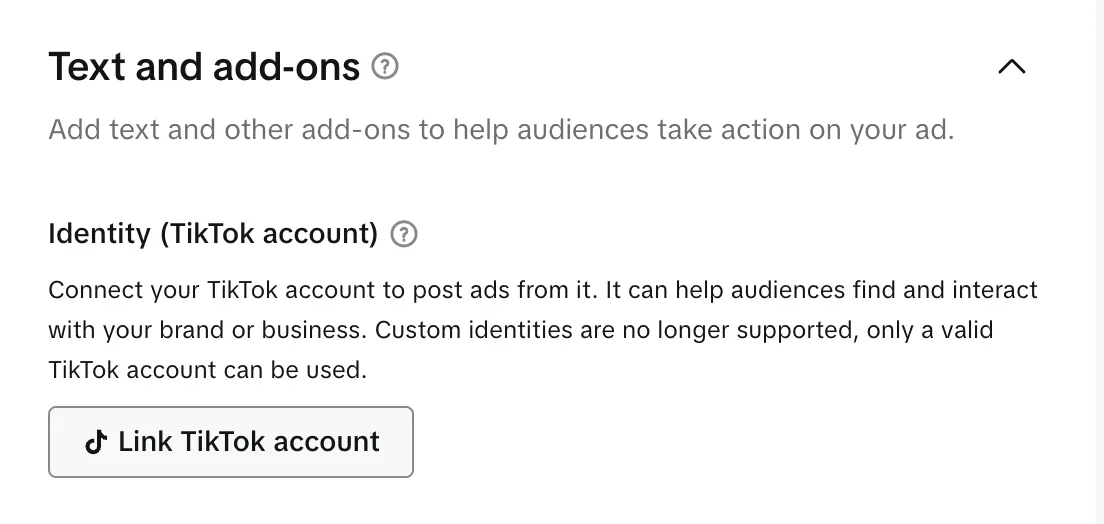 Блок Identity (TikTok account) в TikTok Ads Manager