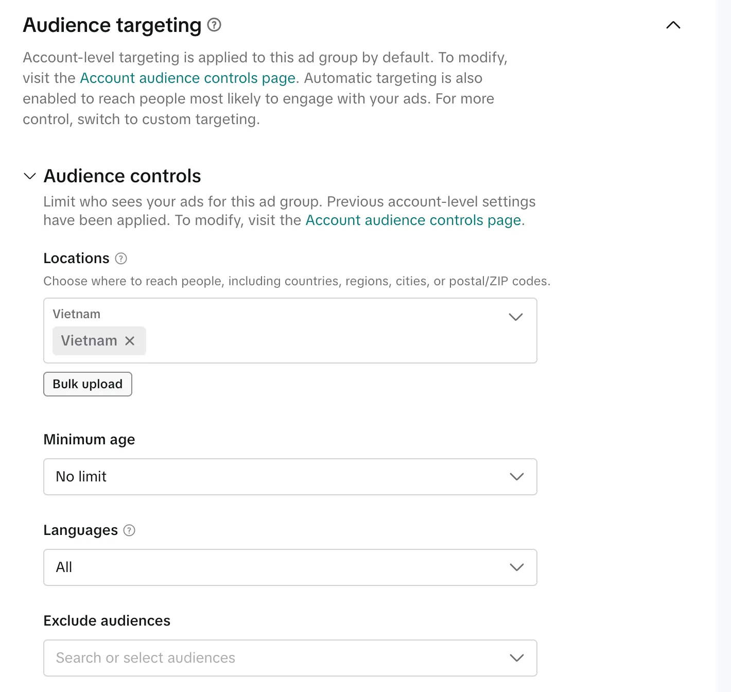 Блок Audience controls в группе объявлений Smart+ TikTok