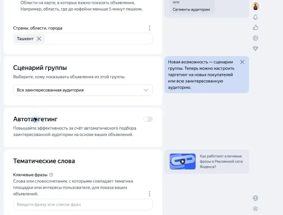 Группа объявлений с выключенным автотаргетингом в Яндекс Директе