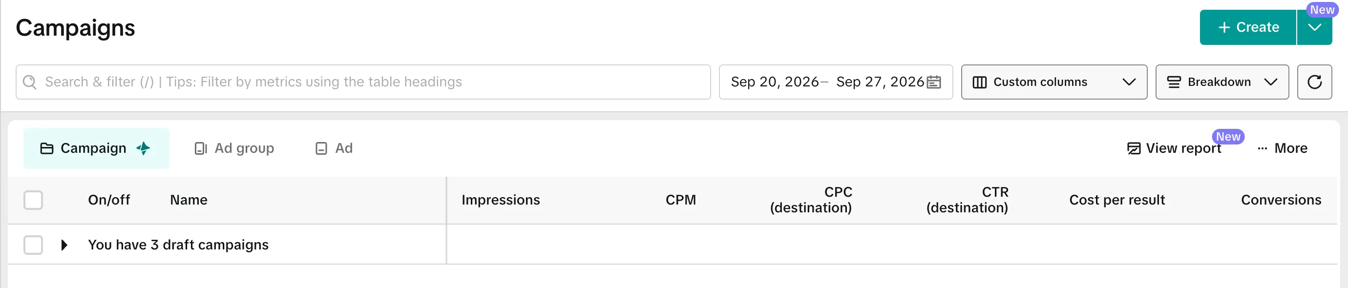 Колонки CPM, CPC (destination) и CTR (destination) в отчете TikTok Ads Manager