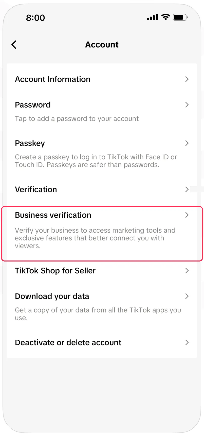 Пункт проверки бизнеса в настройках аккаунта TikTok