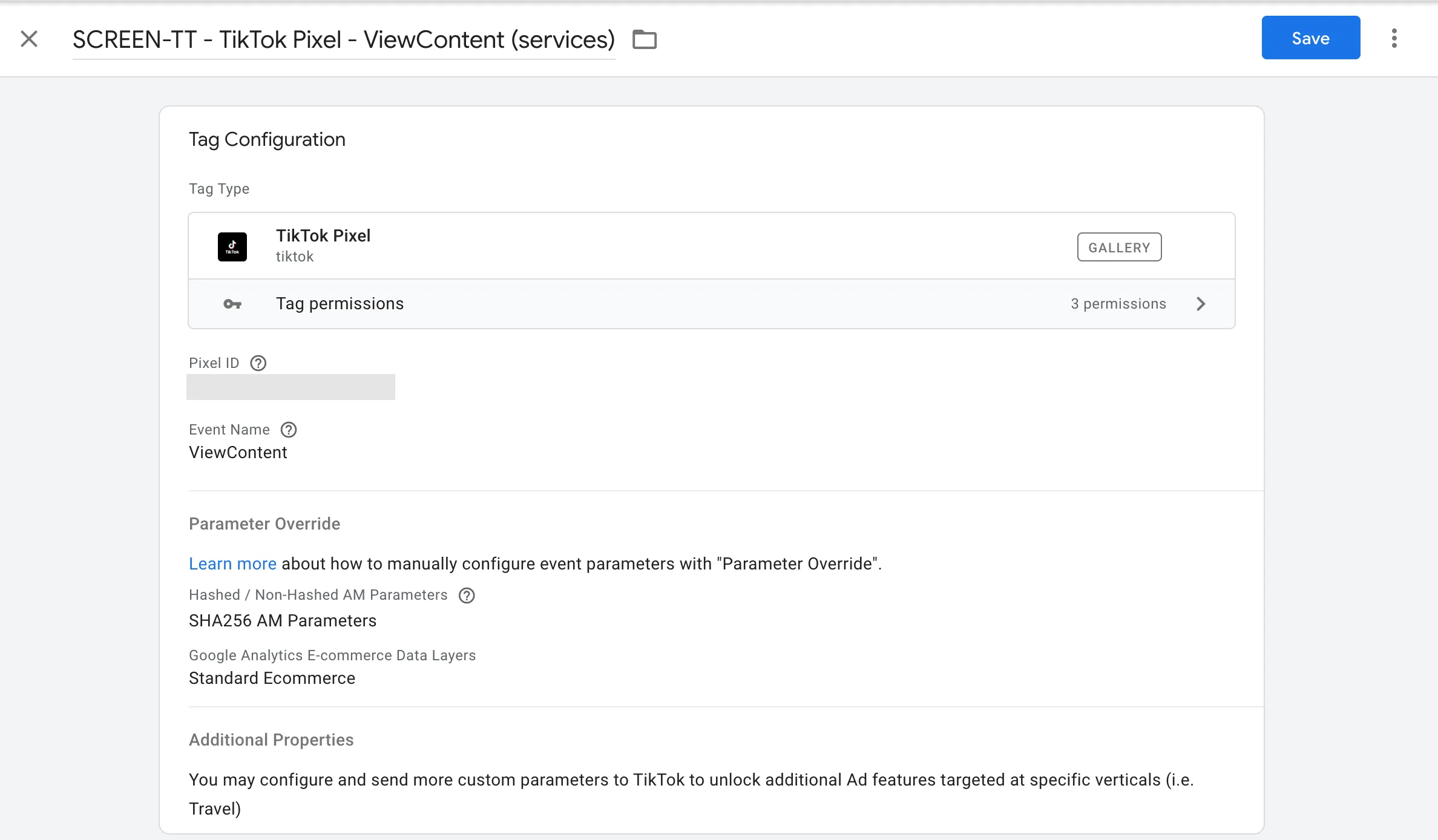 Тег события ViewContent из шаблона TikTok Pixel в Google Tag Manager