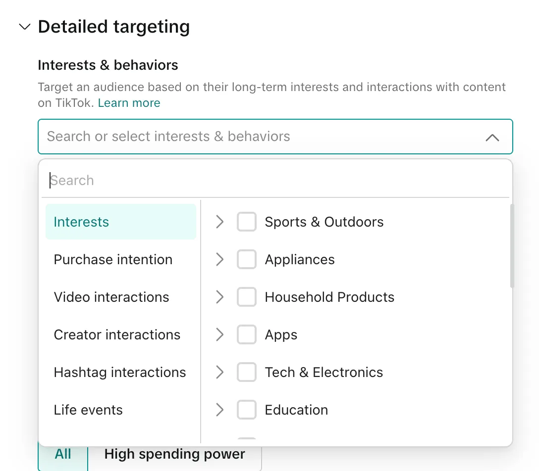 Поле Interests & behaviors в блоке Detailed targeting TikTok