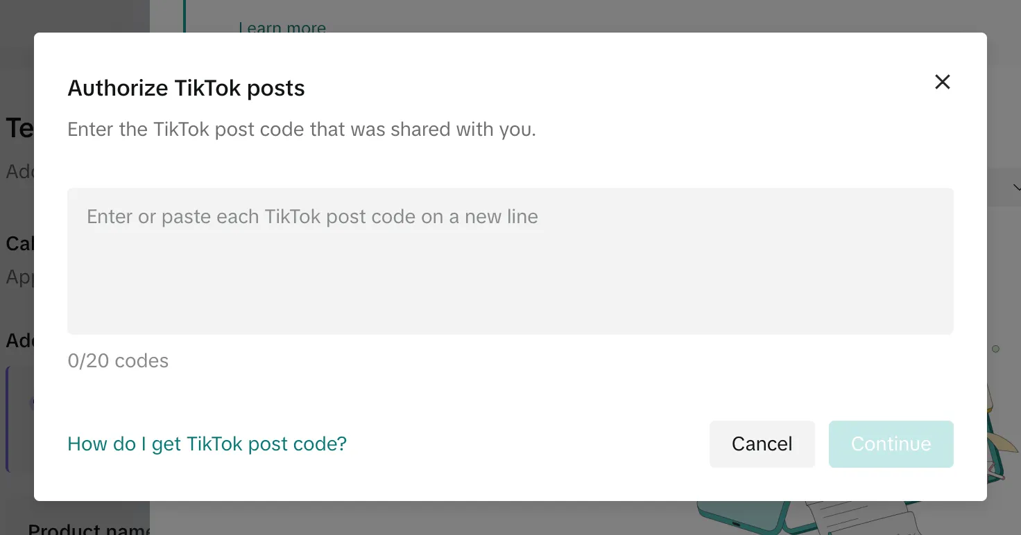 Окно Authorize TikTok posts для ввода кодов авторизации в TikTok Ads Manager
