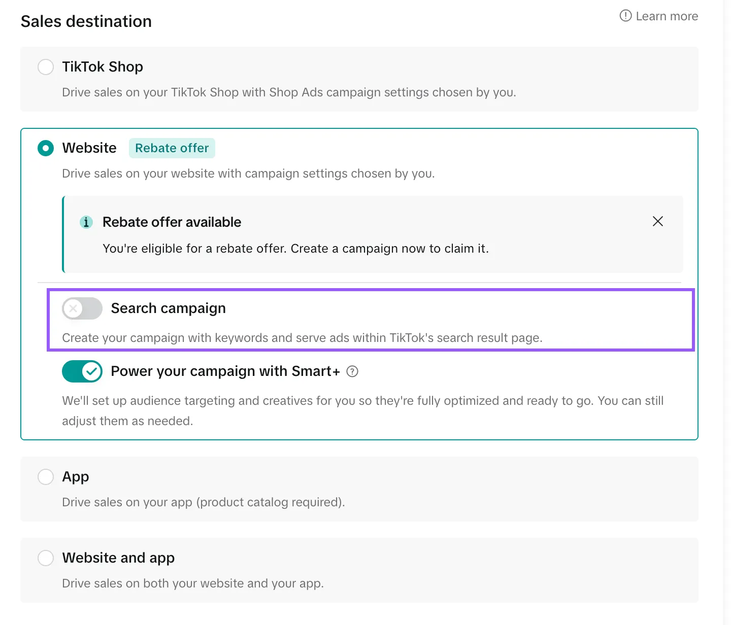 Переключатель Search campaign в настройках кампании TikTok Ads Manager