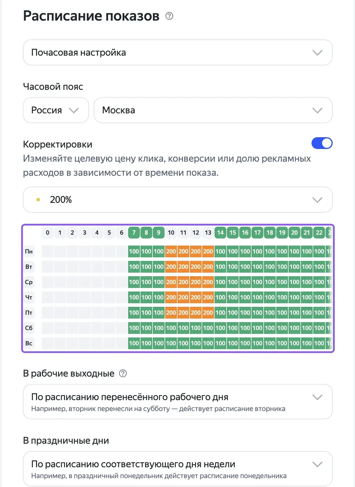 Блок «Расписание показов» в параметрах кампании: сетка дней недели и часов с почасовыми корректировками ставок