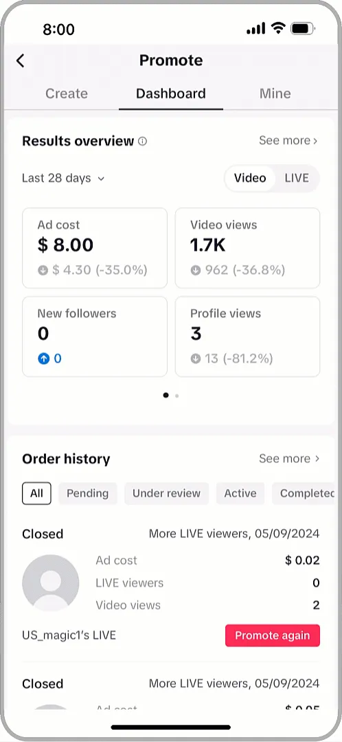 Отчет Promote в приложении TikTok