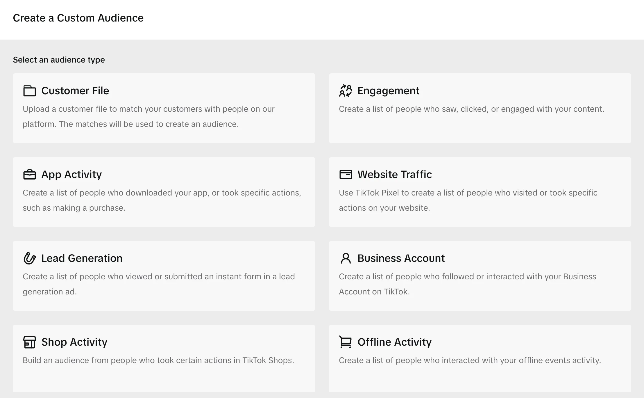 Типы пользовательских аудиторий в окне Create a Custom Audience
