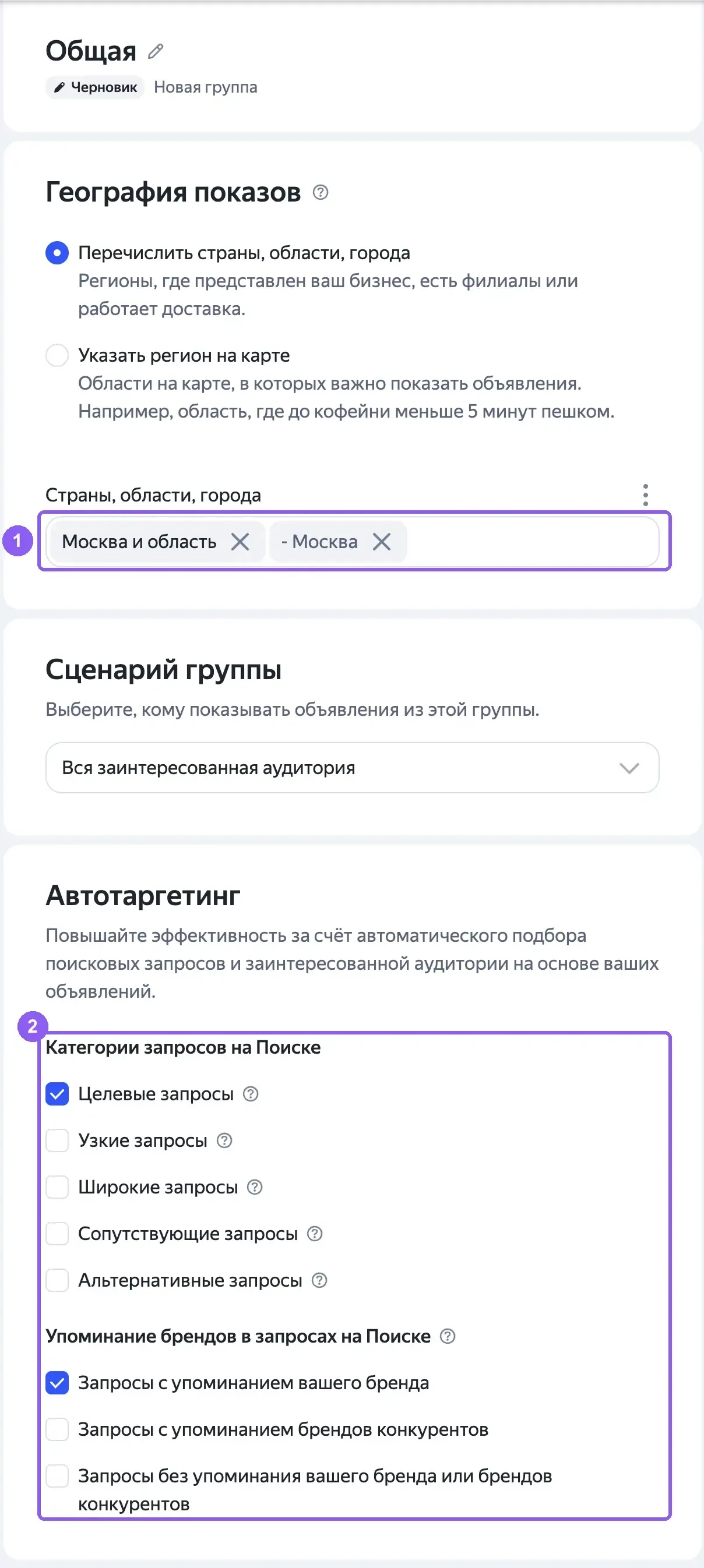 Настройки группы ЕПК: поле «География показов» и категории автотаргетинга