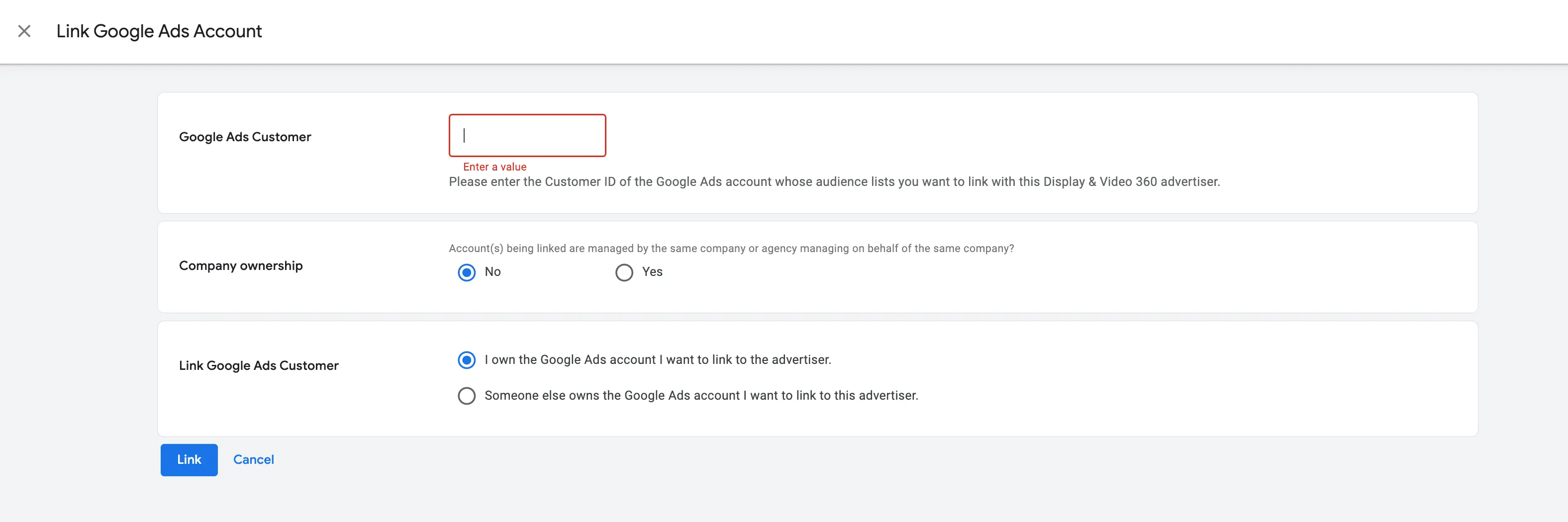 Окно Link Google Ads Account в DV360 с полями Google Ads Customer, Company ownership и Link Google Ads Customer