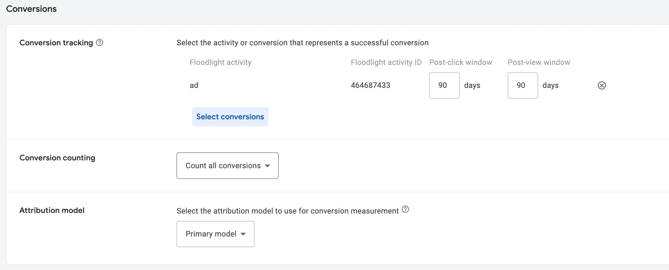 Раздел Conversions в Line Item DV360: выбрана Floodlight activity ad с ID 464687433, Post-click window 90 дней, Post-view window 90 дней, Conversion counting Count all conversions, Attribution model Primary model