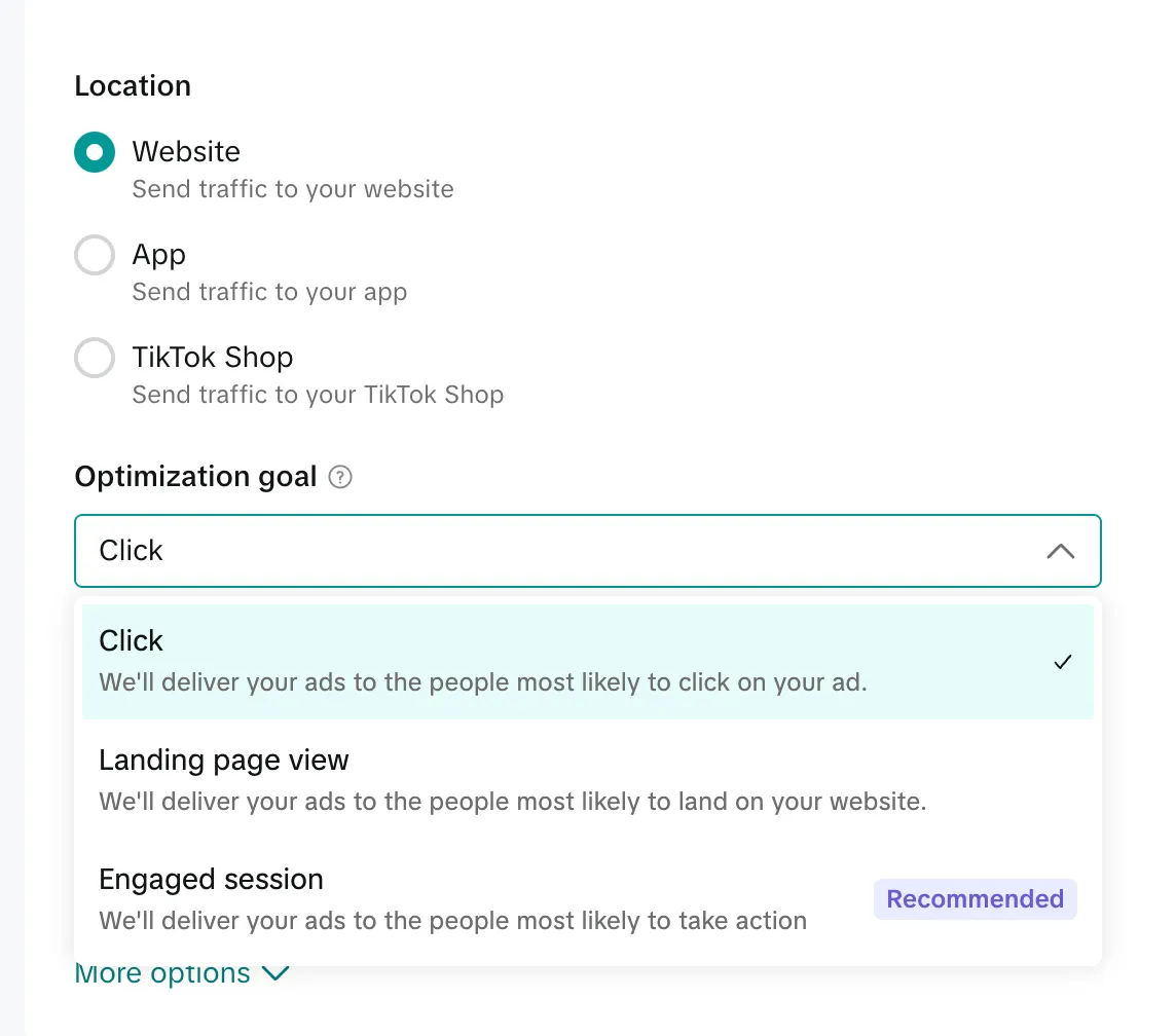 Выбор цели оптимизации в группе объявлений TikTok Ads Manager