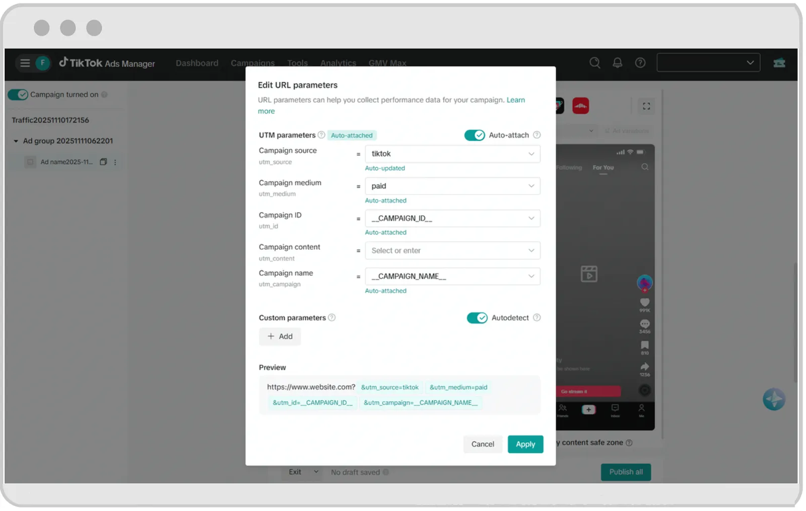 Параметры URL с UTM-метками в TikTok Ads Manager