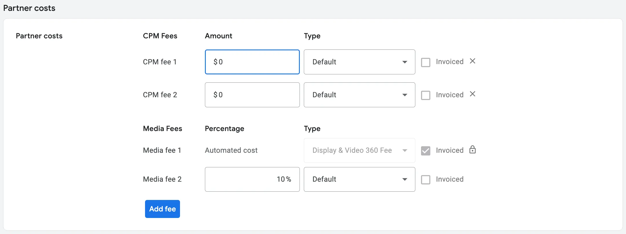Блок Partner costs с CPM Fees и Media Fees в DV360