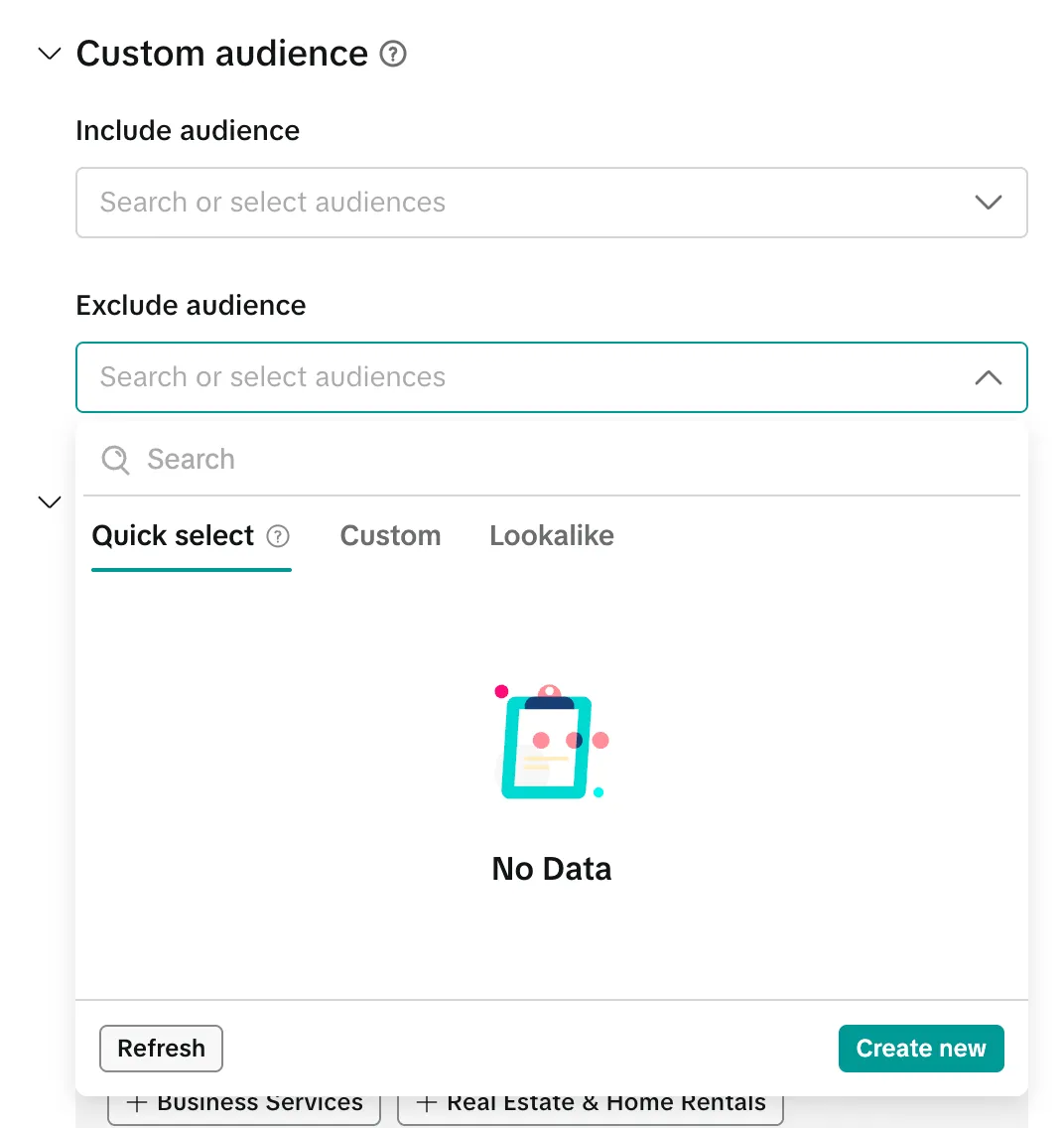 Поля Include audience и Exclude audience в группе объявлений TikTok