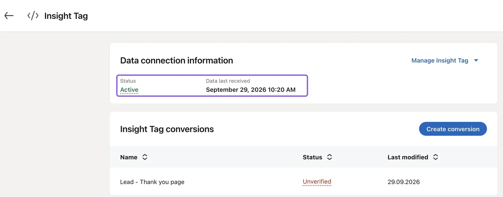 Статус Insight Tag Active в Signals manager LinkedIn
